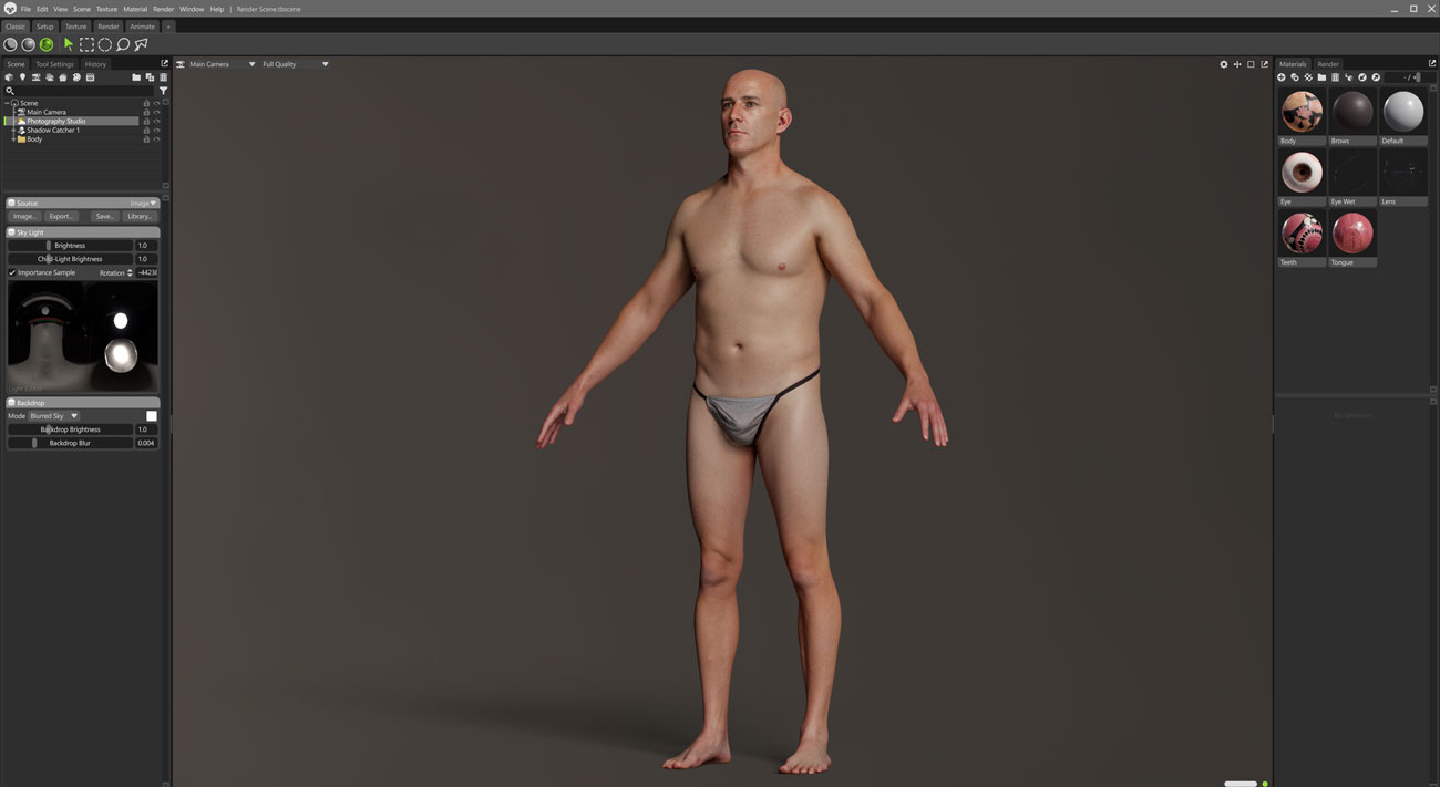 Marmoset Toolbag real-time scene render of a male body scan with PBR lighting and 16K texture maps applied